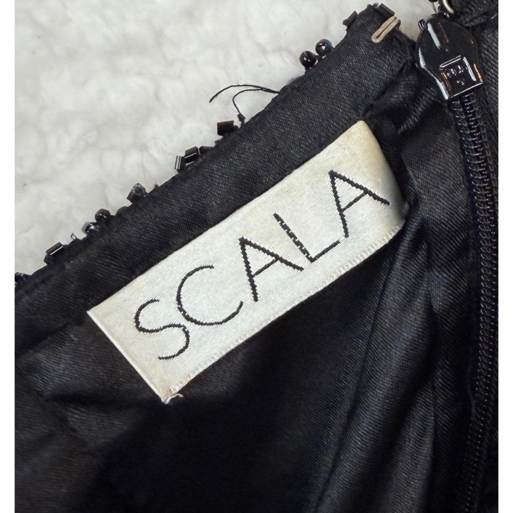 (VTG) SCALA • Black/White One-Shoulder Beaded Formal Maxi Gown w/ Side Slit, S - Picture 13 of 15